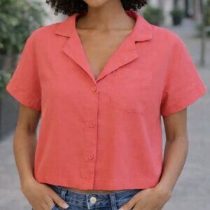 A New Day Linen Pink Collared Button-Up Top Chest Pocket Short Sleeve M